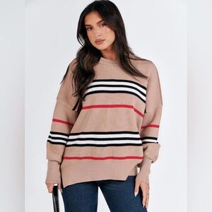 Tan Red White Black Stripe Sweater Size XL